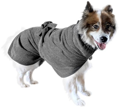 Smithy Hundebademantel PERSONALISIERT aus 100% Baumwolle - schnelles Anziehen, elastischer Kragen, Gürtel und Rutenschlitz, saugstark und trocknet schnell - in verschiedenen Größen (Grau, XL)