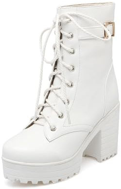 MEECHI Gothic Plateau Stiefeletten Damen PU-Leder Biker Booties Blockabsatz Ankle Boots Mit Schnalle Herbst Winter Schnürstiefel Sexy High Heels Knöchel Schuhe Für Party(White,40 EU)