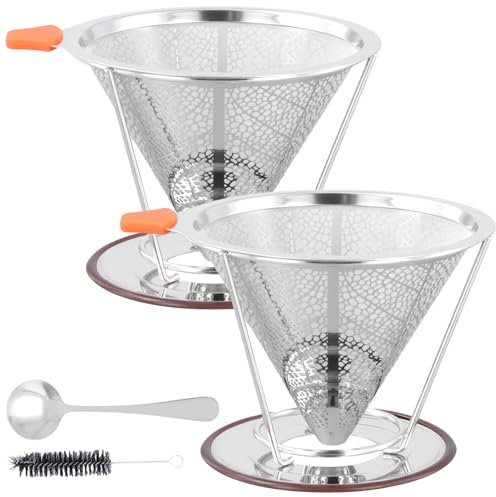FUNSUEI 2 Stück Kaffeefilter Edelstahl, Wiederverwendbar Kaffee Dauerfilter Handfilter Papierloser mit Reinigungsbürsten und Löffel (2-4 Tassen)