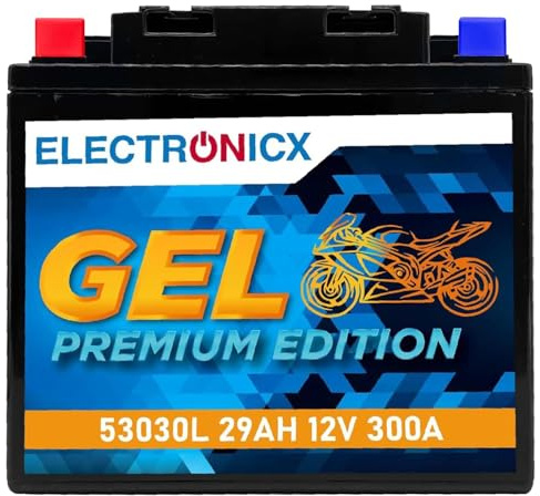 Electronicx GEL-53030L batería de moto 12V 29Ah – batería de arranque GEL sellada, sin mantenimiento, resistente a vibraciones – para moto, quad, scooter, ATV, jetski – 178×123×166mm