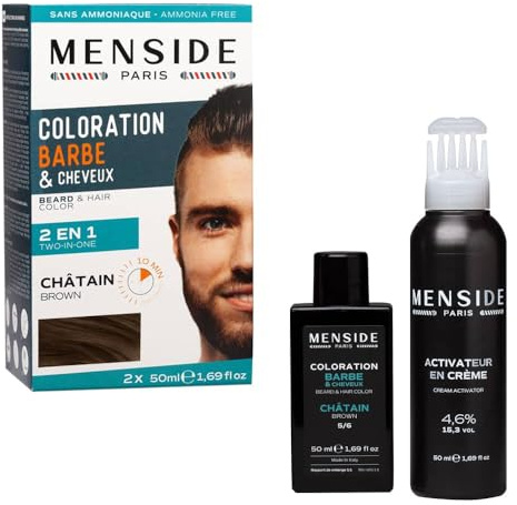 Menside - Kit de Coloration 2 en 1 Barbe & Cheveux - Crème Colorante + Rénovateur - Couvre Durablement Poils et Cheveux Gris - A l'Aloès et Santal Rouge - châtain