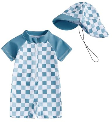 Bañador beber Niño Niña Protección UV 50, Traje De Baño con Gorro Bebe Fato Baño UV, Cuadro Azul 3-6 Meses