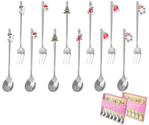 Jiayaus 12 Stück Weihnachtslöffel Set, 6 Edelstahl Weihnachts Kaffee Löffel und 6 Gabeln, Weihnachtsgeschirr mit Geschenkbox, Weihnachten Besteck Für Weihnachtsfeier Tischdekorationen(Silber)