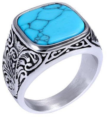 JewelryWe Anillo Piedra de Sello para Hombre: Anillo de Motociclista Cuadrado Turquesa para Hombre Acero Inoxidable Tallas 17 a 30 - Para Regalos
