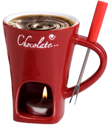 Taza Para Fondue De Chocolate - Juego De Tazas Para Derretir Chocolate | Taza De Cerámica Para Derretir Queso Y Mantequilla Con Tenedor Y Vela | Juego Portátil De Fondue Con Vela De Té (Rojo)