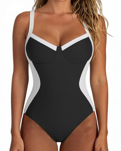 Yutdeng Bañador Reductor Mujer Vientre Plano Traje de Baño Bloques de Color Cuello V Bañador Push Up con Relleno Deportivo Natacion Bañadores Reductores Tallas Grandes Ropa de Baño,Negro,M