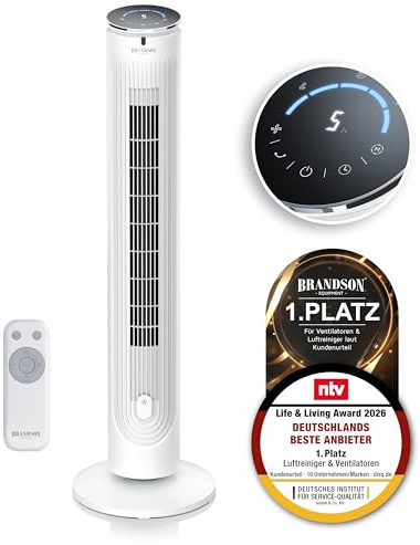 Brandson - Turmventilator mit Fernbedienung - Aromafach – sehr leise - Sieger Ventilatoren und Luftkühler 2026 - Sleep Modus – Oszillation - Timer – 4 Modi – 5 Geschwindigkeitsstufen – weiß