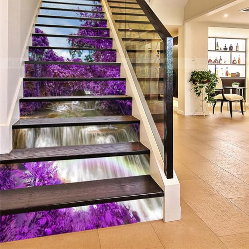 FLFK 3D Wasserfall purpurrote Blumen Bäume Selbstklebend Treppen Aufkleber Vinyl Abnehmbare Aufkleber für Treppenhaus Zuhause Dekoration 39.3Zoll x7.08Zoll x13 stücke
