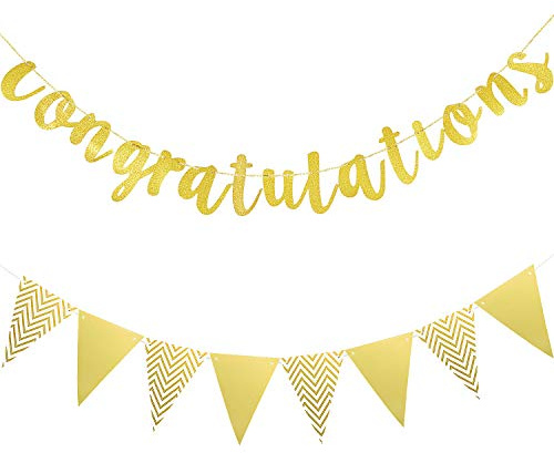 Boao Pre-Strung Congratulations Banner Sign Glitter Congratulation Banner 10 ft Congrats Garland for Graduation, Wedding, Retirement, Baby Shower, Birthday, Celebration Party Decorations(Gold)