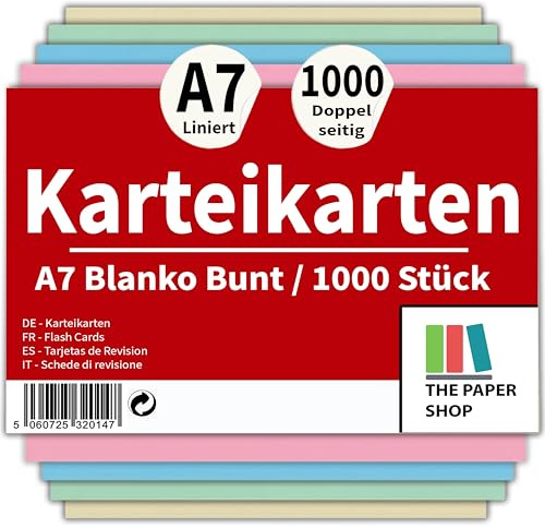 The Paper Shop Karteikarten A7 Blanko Bunt - Lernkarten 155 g/m² (1000 Stück) | Lernkarten & Vokabelkarten für Schule Studium Prüfung | Index Cards Flashcards 127 x 76 mm 5x3-1000 Stück