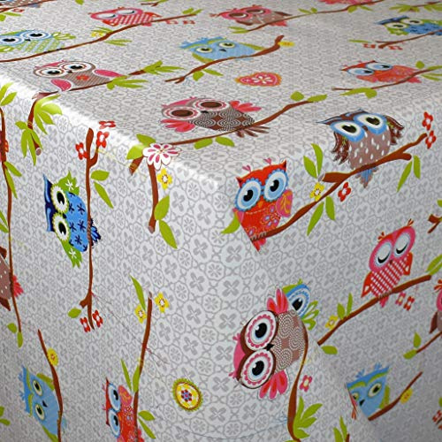 KEVKUS Wachstuch Tischdecke K-BE4213 Bunte Eulen Uhu Kautz Blüten wählbar in eckig rund oval (Rand: Schnittkante (ohne Einfassung), 140 x 300 cm eckig)