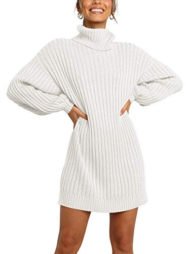 ANRABESS Women Oversized Sweater Dress Turtleneck Batwing Long Sleeve Ribbed Knit Loose 2025 Fall Winter Casual Short Dress A240bai-S White
