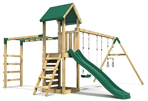 Rebo® Adventure Playset Wooden Climbing Frame with Monkey Bar, Swings and Slide - Pelion | Playhouse for Children | Sturdy Construction | OutdoorToys | Swing and Slides for Kids