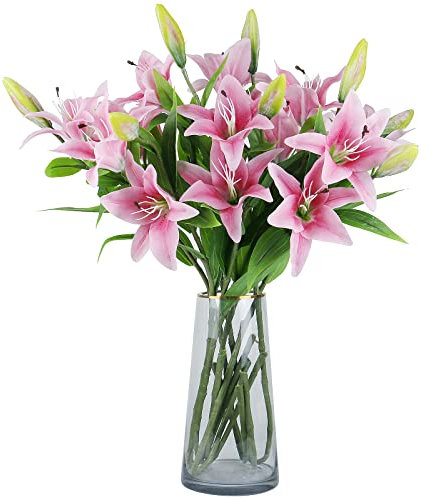77CM LONG STEM Pink Artificial Lilies Flower Bouquet, Fake Tiger Lily, Home Office Garden Wedding Party Decoration, WITHOUT VASE