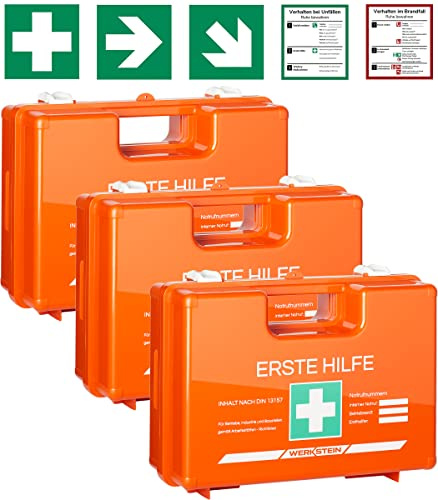 3x Erste Hilfe Kasten mit Inhalt nach neuer DIN 13157:2021 | Verbandskasten inkl. praktischer Wandhalterung, 5x Aufkleber & Plombe