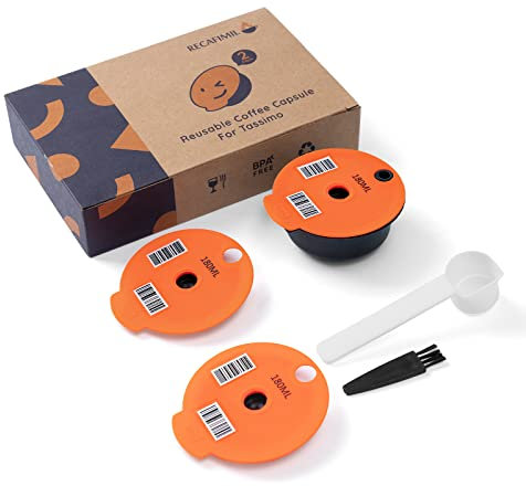 RECAFIMIL Filtre à café réutilisable dosette rechargeable 180 ml compatible avec les machines Tassimo (capsule 180 ml + 2 couvercles de remplacement)