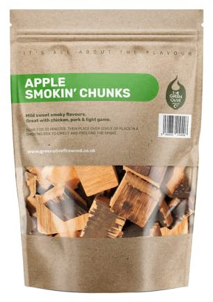 Green Olive Firewood - Apple Wood Chunks for Smoking, 5L (approx 1kg) BBQ Wood Chunks Ideal for use In BBQ's or Smokers - Flavoured Large Smoking Chips for Smoking Chicken & Pork, Fish & Vegetables