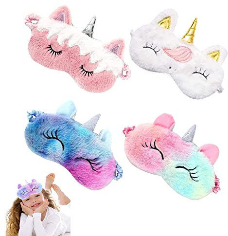 4 Stück Einhorn Plüsch-Augenmaske, Schlafmaske Kinder Mädchen, Schlafmaske Kinder Junge, Schlafmaske Einhorn Schlafmaske Lustig Plüsch Augenmaske Augenmaske Kinder