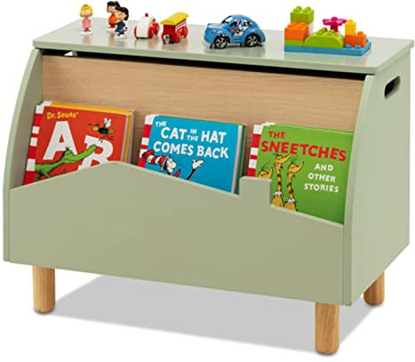 GYMAX Wooden Toy Box, Kids Storage Chest with Book Storage Space, Lid & Safety Hinge, Flip-Top Toddler Toy Organizer for Boys Girls (Green)