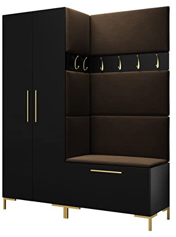 Mirjan24 Garderoben-Set Zinetto I, Kleiderschrank + Schuhschrank + 2X Kleiderhakenbrett + Gepolstertes Paneel/Wandpaneel, Kleiderhaken, Flurgarderobe, Wandgarderobe (Schwarz, Manila 04)