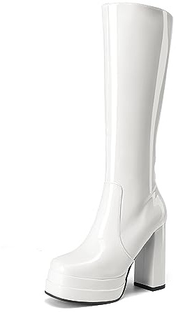 DREAM PAIRS Women's Platform Heeled Knee High Boots, Long Chunky Tall Gogo Boots for Fall,Size 11,White-Pat,SDKB2306W