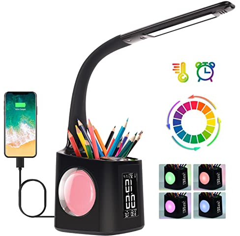 Wanjiaone Lampe de Bureau Enfant avec Porte-Stylo et Veilleuse RGB, lampe bureau ado avec Heure Réveil Température Calendrier, Lampe de Chevet Enfant Dimmable - Noir ﻿