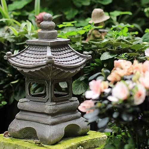 Pagoda Garden Statues, 34cm/13.38inch Resin Japanese Solar Pagoda Lantern Outdoor, Zen Garden Landscape Ornament Decor for Yard Porch Lawn Decoration