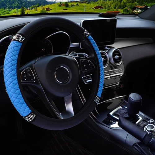BBTISG Auto Lenkradbezug mit glitzernden Diamanten, Universal Glitzer Lenkradbezug für Damen mit Schulterpolstern für 37-38 cm Autolenkrad (blau)