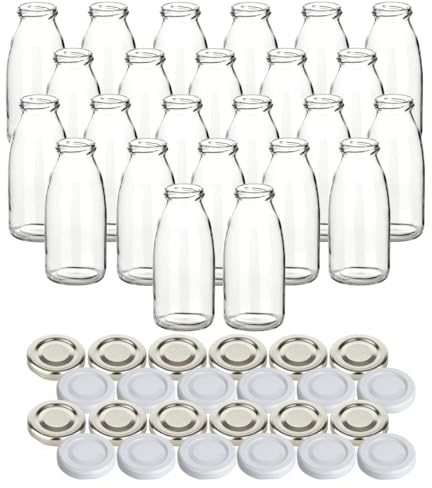 gouveo 24er Set Glasflaschen 250 ml (0,25 l) Glasflasche 250 ml rund Twist-Off Schraubdeckel TO 43 mm (12x silber, 12x weiß) Weithalsflasche zum Abfüllen, Aufbewahren & Transport (SF250SW)