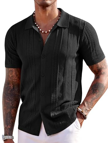 COOFANDY Men's Short Sleeve Knit Shirts Vintage Button Down Polo Shirt Casual Beach Tops, Black, Large