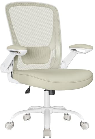 SONGMICS Sedia da Ufficio Girevole, Sedia di Rete da Computer Ergonomica, Supporto Lombare, Oscillante, Seduta 53 cm, Braccioli Pieghevoli, Beige Cappuccino OBN037K02
