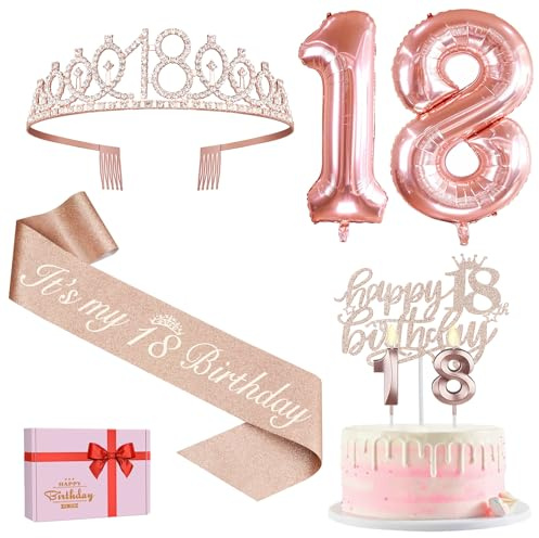 Amosking 18 Geburtstag Mädchen Deko Roségold | 18 Geburtstag Krone, Schärpe, Tortendeko, Kerzen, Luftballons, Deko 18. Geburtstag Mädchen