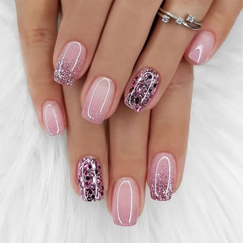 24 Pièces Carrés Faux Ongles Court, French Violet Brillant Press on Nails à Coller - Autocollants pour Femme et Fille Nail Art, Couverture Complète Acrylique.