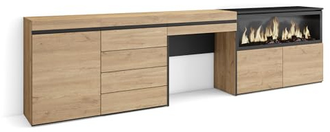 Skraut Home | Tocador | Dormitorio habitación | 284x75x35 cm | con cajón | Chimenea eléctrica XXL | Cómoda, Cajonera | Estilo Moderno | Roble