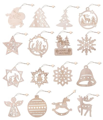 Volumoon 16 Pcs Christmas Decorations - Wooden Ornaments, Snowflakes, Snowman, Bell, Deer with Cords and Beads for DIY Crafts, Party Decor