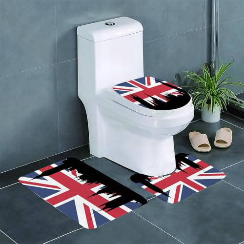 EYLOZS Badezimmerteppich Set 3 Teilig Waschbar rutschfeste Badematte Toilettenmatte Weich Saugfähige Badteppiche,Union Jack, Houses of The Parliament Silhouette auf der Geschichte der britischen Flag