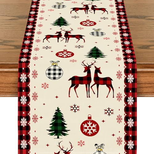 BSITSSS Tischläufer Weihnachten Elchen,Tischläufer Schneeflocke, Lustigen Weihnachtsdeckchen, Weihnachtstischläufer Rot, Weihnachtstischdecke Dekoration Drinnen Urlaub Party Dekor, 33x180cm
