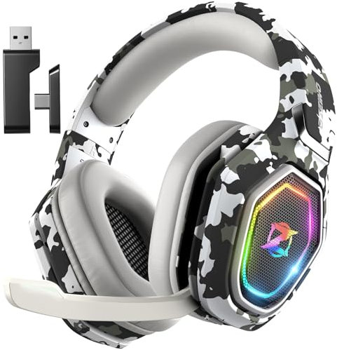 Ozeino Casque Gaming sans Fil pour PC PS5 PS4, 2.4GHz Audio sans Perte, USB & Type-C Casque de Jeu Ultra Stable avec Batterie 40 Heures pour Switch Laptop Mobile Mac(Camouflage)