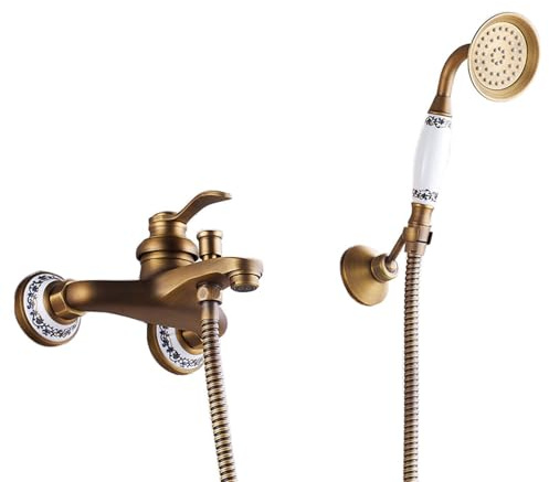ZYCDP Bad Armatur Badewanne Retro Messing, Badewannenarmatur Wandmontage Mischbatterie Dusche mit Handbrause Antiquität