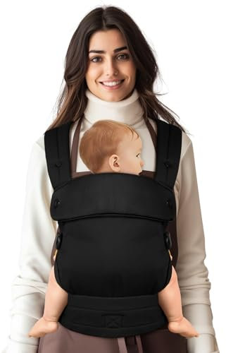 Tuocal Babytrage für Neugeborene bis Kleinkinder, Ergonomische Bequeme und Leichte Tragetuch, Verstellbare Kopf- und Nackenstütze, Verbesserte Lendenwirbelstütze für Babys 4-20 kg 3-36 Monate, Schwarz