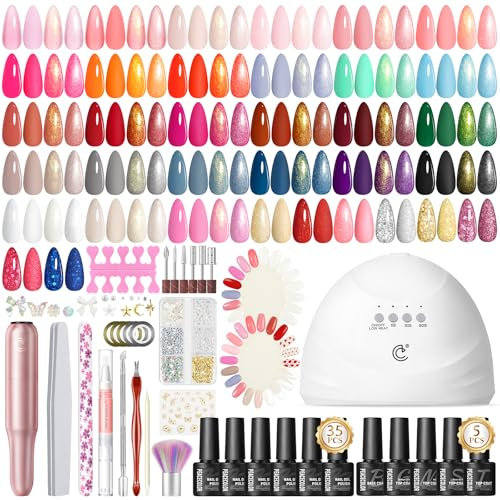 PEACECOLOR 58PCS Gel Nail Polish Set: 35+5 Colours Nail Gel Polish with Drill and Lamp, White Pink Red Nail Kit, Glossy Matte Glitter Base Top Coat, Salon Full Tools Set for Gifts