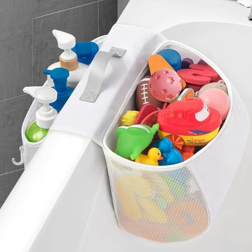 Almacenamiento de juguetes de bañera, 2 compartimentos, bolsa de malla para juguetes de bañera, organizador colgante para juguetes de bañera, malla para guardar y clasificar juguetes