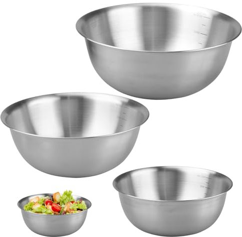 WakiHong Juego de 3 Ensaladeras de Acero Inoxidable Tazones Para Mezclar Bol de Cocina Multiusos-Apilable-con Escala Medidora-Plateado-Ideal Para Cocinar,Hornear,Almacenar