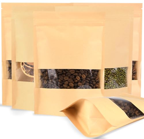 SWIHELP 200 Pezzi Sacchetti Per Alimenti in Carta Kraft Con Finestra, Sacchetti Riutilizzabili Con Chiusura Lampo 16x22 cm Per Semi e Noci