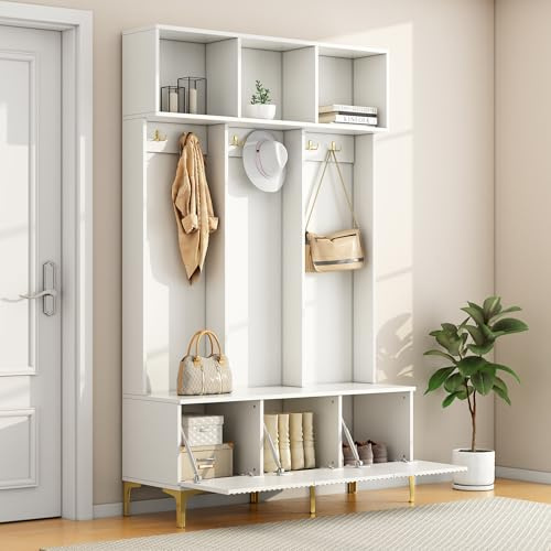 LULUWA Garderobenset mit Bank, Multifunktionale Aufbewahrungsbank Offene Aufbewahrung 6 Goldene Haken und Füße Geeignet für Flur Wohnzimmer B120/D23,5/H191,5cm (Weiß)