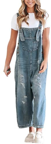 ticticlily Monos de Mezclilla Ajuste Holgado Peto con Tirantes Pantalones Vaqueros Casuales Piernas Rectas Anchas Jeans Monos con Bolsillos Jumpsuit A Azul S