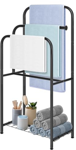 HarJue Towel Racks for Bathroom, 35 H Standing Towel Holder 3 Tier Metal Pool Towel Hanger Outdoor Floor with Storage Shelves for Blanket Bath Towel Drying (Matte Black)