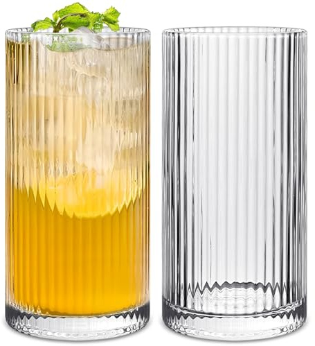 Wieat Lot de 2 verres Highball, verres nervurés, tasses à café, tasses à boire pour eau, café, cocktail, bière, jus (355 ml)
