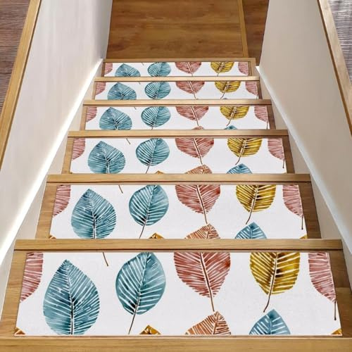 15 gradini per scale da interni con retro antiscivolo, 20,3 x 76,2 cm, per gradini in legno, morbido tappeto per scale per bambini e animali domestici, stampa con foglie tropicali ad acquerello in