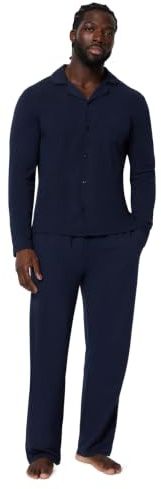 Amazon Essentials Men's Cotton-Modal Pajama Set, Long Sleeve Button-Down Top with Pants, Navy, X-Large